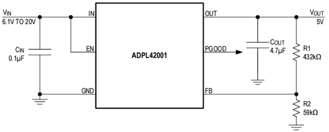 Schéma du circuit d'application - Analog Devices Inc. Régulateurs linéaires haute tension ADPL42001